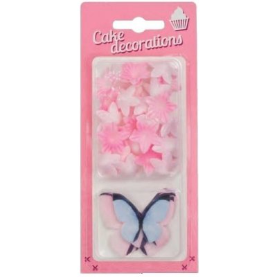 Dekorace z jedlého papíru Motýlci růžoví a modří a květiny mini růžové (30 ks) /D_240010 – Zboží Mobilmania