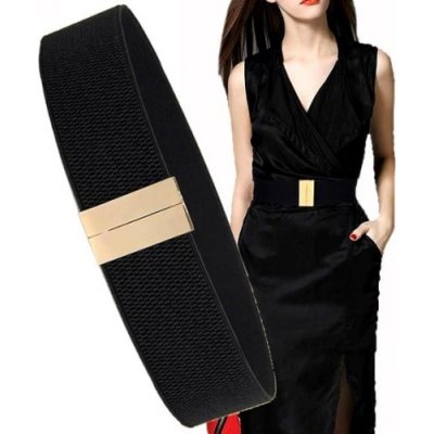 Elegantní Černý Elastický dámský Pásek na Šaty s Zlatou Kovovou Sponou
