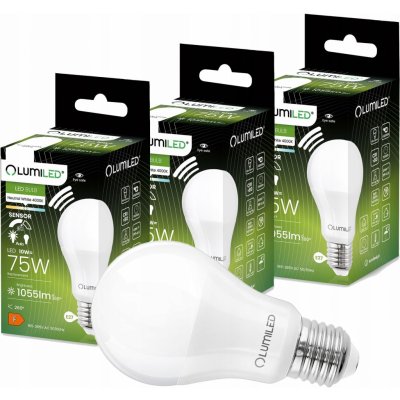 Lumiled Sada 3x LED žárovka E27 A60 10W = 75W 1055lm 4000K Neutrální bílá 200° s čidlem pohybu i soumraku – Hledejceny.cz