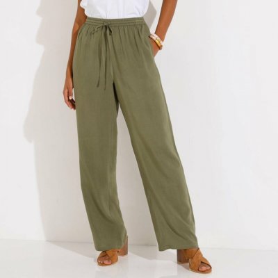 Jednobarevné 7/8 kalhoty s pružným pasem khaki – Zboží Dáma