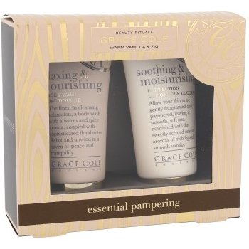 Grace Cole Warm Vanilla & Fig Essential Pampering sprchový gel Relaxing & Nourishing 50 ml + tělové mléko Soothing & Moisturising 50 ml dárková sada