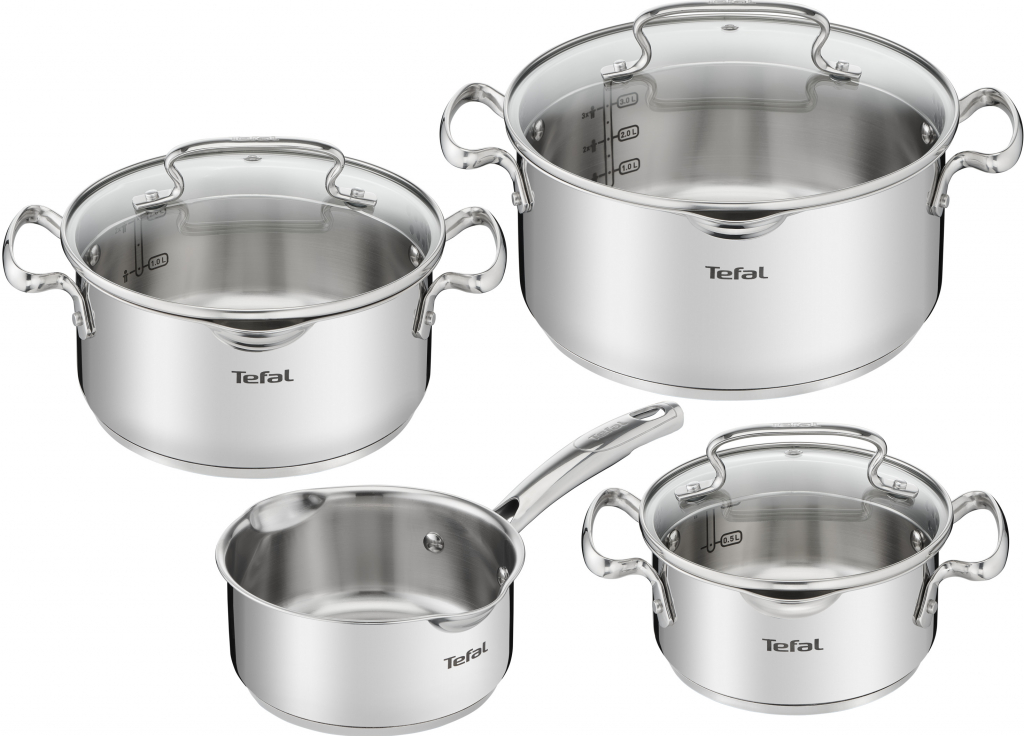 TEFAL DUETTO+ sada hrnců pánev 16 cm hrnec na vaření 16 20 24 cm + poklice vysoce kvalitní nerezová ocel skleněná poklice s funkcí nalévání vhodné na indukci 7 ks