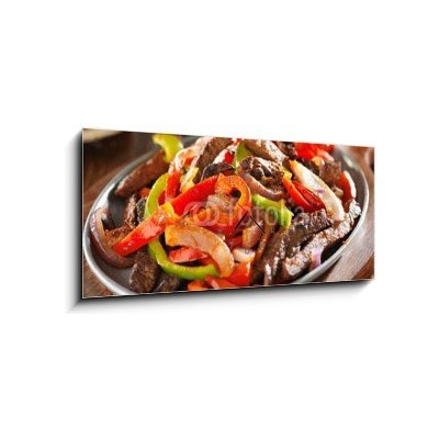 Obraz s hodinami 1D panorama - 120 x 50 cm - mexican food - beef fajitas and bell peppers mexické jídlo