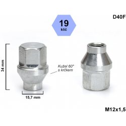 Kolová matice M12x1,5 kužel s krčkem 15,7 zavřená, klíč 19, D40F, výška 34 mm, délka krčku 6 mm