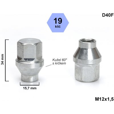 Kolová matice M12x1,5 kužel s krčkem 15,7 zavřená, klíč 19, D40F, výška 34 mm, délka krčku 6 mm | Zboží Auto