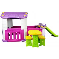 Lean Toys Zahradní domek se stolečkem +lavice,skluzavka