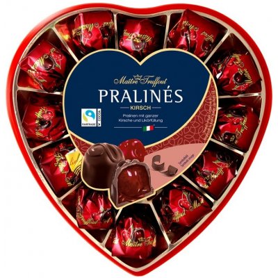 Maitre Truffout Hořké čokoládové pralinky s višní a likérem 4% plast srdce 140 g – Zboží Dáma