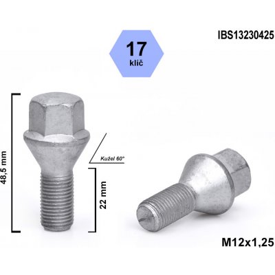 Kolový šroub M12x1,25x22 kuželový, klíč 17, IBS13230425, výška 48,5 mm – Zbozi.Blesk.cz