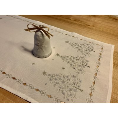 Miros vyšívaný vánoční ubrus bílý se zlato-stříbrnými stromky 85X85 cm
