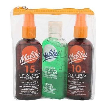 Malibu Sun Travel suchý olej na opalování SPF15 100 ml + suchý olej na opalování SPF10 100 ml + gel po opalování Aloe Vera 100 ml dárková sada