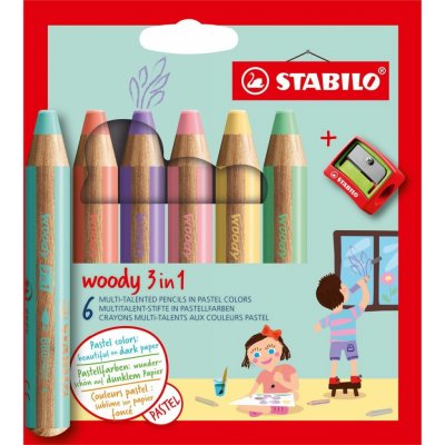 Stabilo Pastelky Woody 3in1, sada 6 ks v pouzdru s ořezávátkem