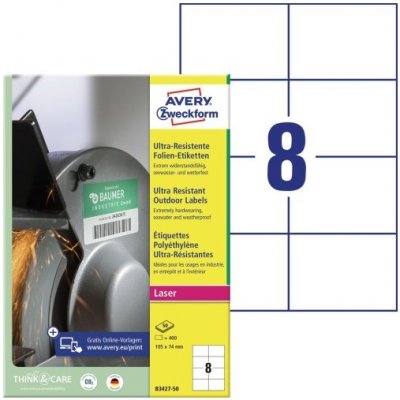 Avery Zweckform Etikety pro laser 50 listů, A4 bílé 105 x 74 mm ultra odolné vůči počasí B3427-50 – Zboží Dáma