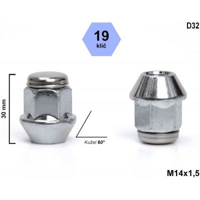 Kolová matice M14x1,5 kužel , klíč 19, D32, výška 30 | Zboží Auto