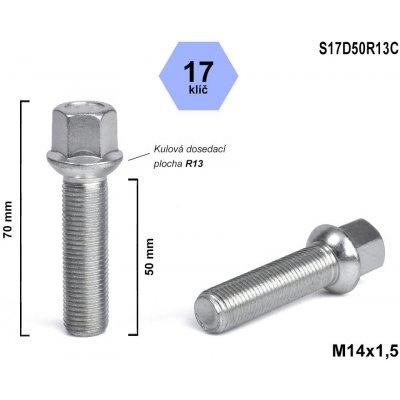 Kolový šroub M14x1,5x50 koule R13, klíč 17, S17D50R13C, výška 70 mm – Sleviste.cz