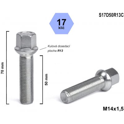 Kolový šroub M14x1,5x50 koule R13, klíč 17, S17D50R13C, výška 70 mm – Zboží Mobilmania