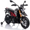 Beneo elektrická motorka Aprilia Dorsoduro 900 Licencované 12V baterie Eva měkké kola 2 x 18W motor Odpružení kovový rám kovová vidlice pomocná kolečka šedá