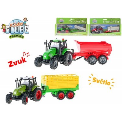 Kids Globe Farming traktor kov 25 cm na setrvačník s vlečkou na bat. se světlem a zvukem mix druhů