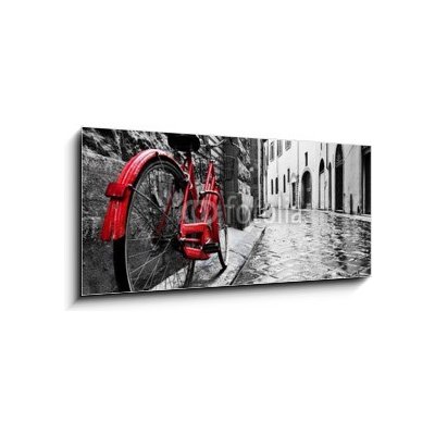 Obraz 1D panorama - 120 x 50 cm - Retro vintage red bike on cobblestone street in the old town. Color in black and white Retro vinobraní červené kolo na dlážděné ulici v – Zbozi.Blesk.cz