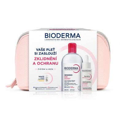 Bioderma Sensibio H2O micelární voda pro citlivou pleť 500 ml + Bioderma Sensibio Defensive sérum proti stárnutí pleti pro citlivou pleť 30 ml + kosmetická taštička – Sleviste.cz