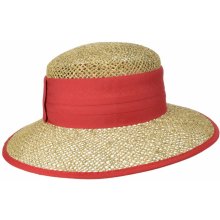 Seeberger Dámský béžový letní slaměný mořská tráva klobouk s červenou stuhou since 1890