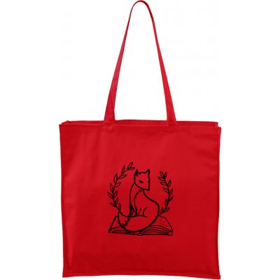 Ručně malovaná větší plátěná taška - Liška na knize, červená/černý motiv