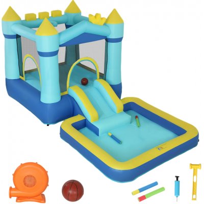 AIYAPLAY skákací hrad s ventilátorem, skluzavkou, trampolínou, brouzdalištěm/míčkovým bazénem, ​​vodní pistolí, 364x173x182 cm, modrá – Sleviste.cz
