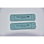 Koženkový štítek Hand made with love 5,5 x 1,5cm tmavý tyrkys – Zboží Dáma