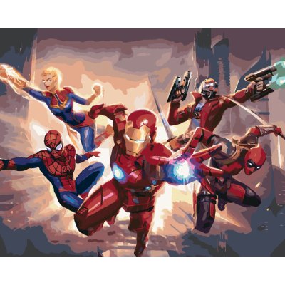 ZUTY Malování podle čísel IRON MAN SPIDERMAN CAPTAIN MARVEL DEADPOOL A STAR LORD MÍŘÍ DO BOJE Rozměr 40 x 50 cm Rámování vypnuté plátno na rám – Zboží Mobilmania