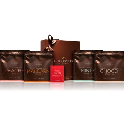 Cocosolis Luxury Coffee Peachy Melon tělový peeling 70 g + Chocolate Caramel tělový peeling 70 g + Mandarin Vanilla tělový peeling 70 g + Minty Vanilla pleťový peeling 70 g dárková sada