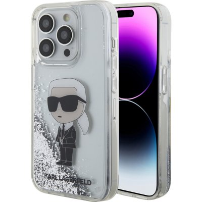Pouzdro Karl Lagerfeld Liquid Glitter Karl Head iPhone 15 Pro stříbrné