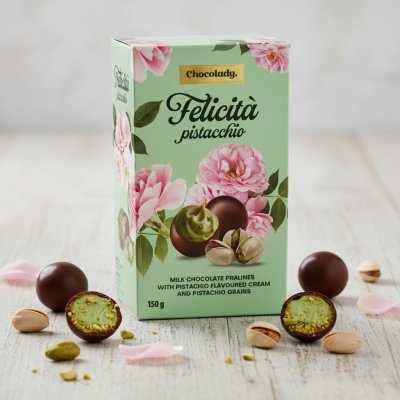 Chocolady Pralinky z mléčné čokolády plněné krémem s pistáciovou příchutí a kousky pistácií Felicitá pistacchio 150 g – Zboží Mobilmania