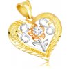 Přívěsky Šperky Eshop Přívěsek ve žlutém zlatě obrys pravidelného srdce květ s čirým zirkonem, ležaté osmičky S2GG225.30