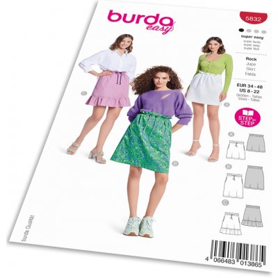 Střih Burda 5832 - Sukně se stahováním v pase, mini sukně, tepláková sukně – Sleviste.cz