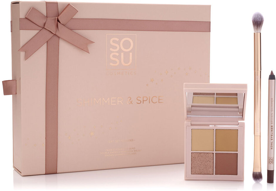 SOSU COSMETICS Shimmer & Spice Set Exkluzivní vánoční edice 4 x oční stíny + štětec na oči s dvojitým zakončením + tužka na oči s dvojitím zakončením Dárková sada