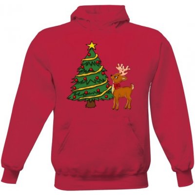 mikina s kapucí s potiskem Vánoční mikina se sobem a stromkem Červená