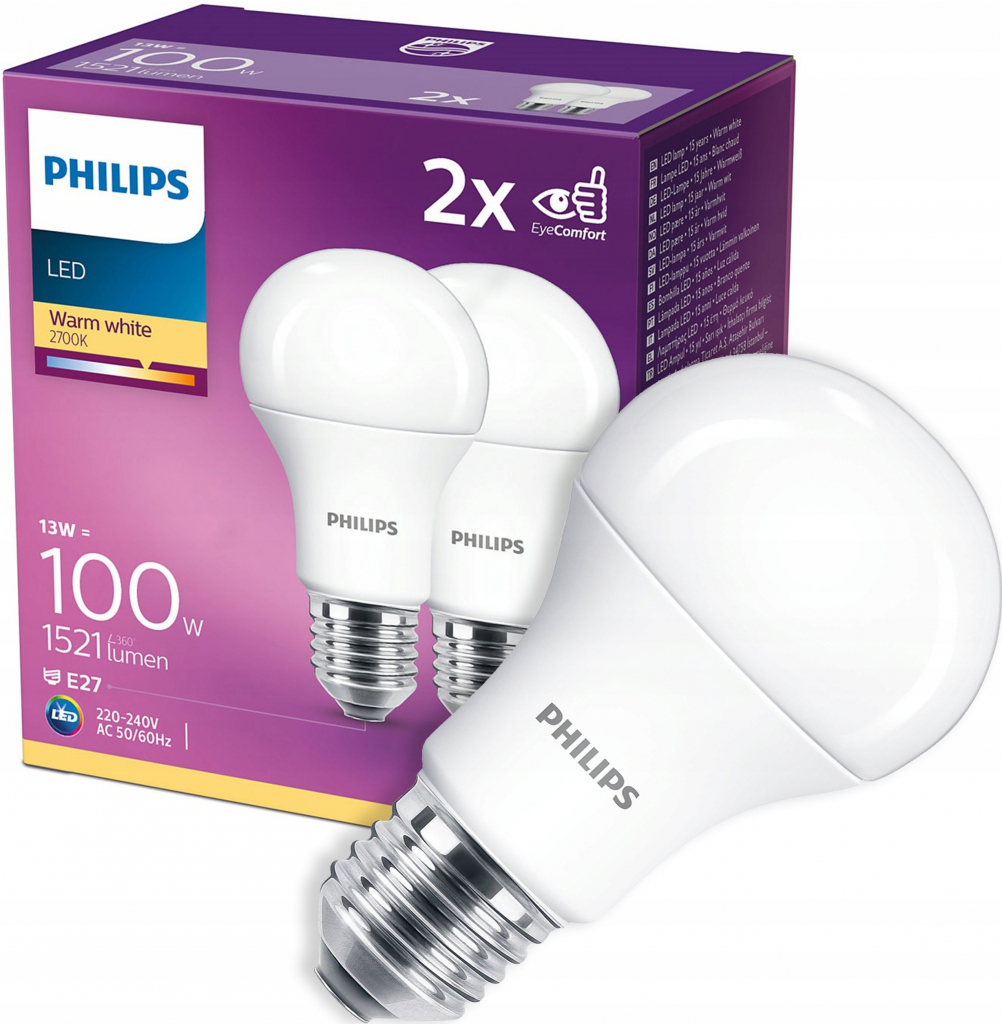Philips 2PAK LED žárovka LED E27 A60 13W = 100W 1521lm 2700K Teplá bílá 200°
