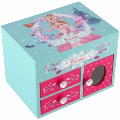 Teddies Skříňka šperkovnice Princess 3 zásuvky odklápěcí vrch se zrcátkem dřevo 16x12,5x12cm v krabici – Sleviste.cz