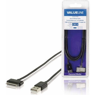 Valueline VLMB39100B20 Synchronizační a nabíjecí pro zařízení Apple iPad, iPhone a iPod, 30pinový konektor - zástrčka USB 2.0 A, 2m, černý – Zbozi.Blesk.cz