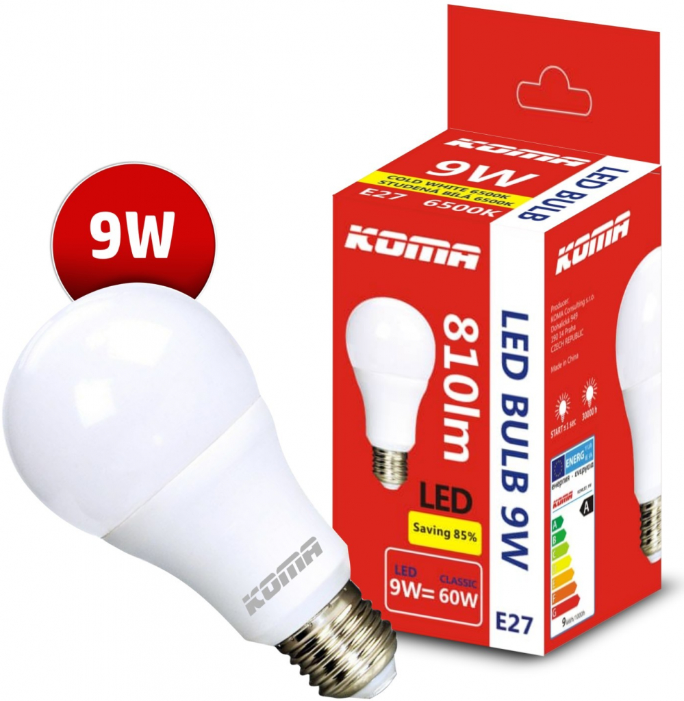 KOMA Sada 6ks LED žárovek E27 9W, 230V, 810lm, 20000h, 6500K studená bílá  od 265 Kč - Heureka.cz