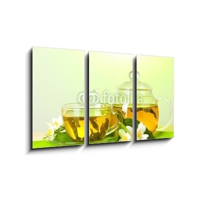 Obraz 3D třídílný - 90 x 50 cm - tea with jasmine in cup and teapot on table on green background čaj s jasmínem v šálku a čajová konvice na stole na zeleném pozadí – Zboží Mobilmania