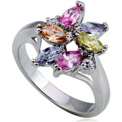 Šperky eshop lesklý kovový prsten květ barevné slzičkové a kulaté zirkony L9.04