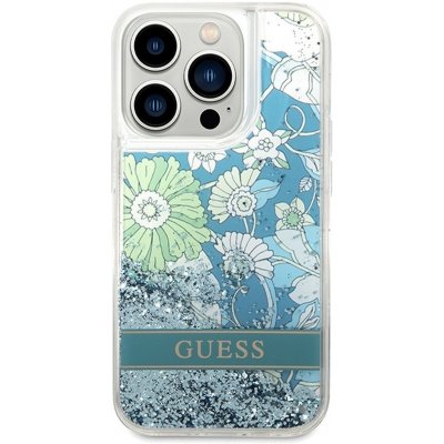 Pouzdro GUESS iPhone 14 Pro Liquide Glitter Flower / zelené