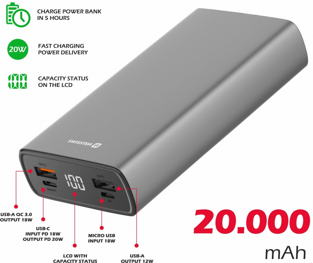 Swissten Aluminum 20000 mAh 20W Power Delivery šedá