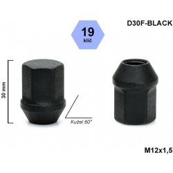 Kolová matice M12x1,5 kužel, klíč 19, černá D30F-BLACK výška 30mm