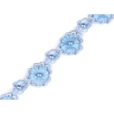 Krajka 3D květ s perlou šíře 30 mm Varianta: 2 modrá pomněnková, Balení: 1 m – Zboží Mobilmania