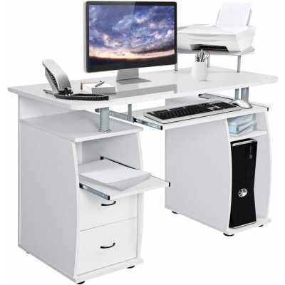 COSTWAY Počítačový stůl se zásuvkou na klávesnici a zásuvkami, stolní tiskárna, kancelářský stůl pracovní stůl PC stůl bílý