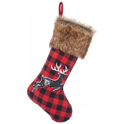 Eurolamp vánoční dekorace ponožka červená károvaná s jelenem 55 cm 1 ks
