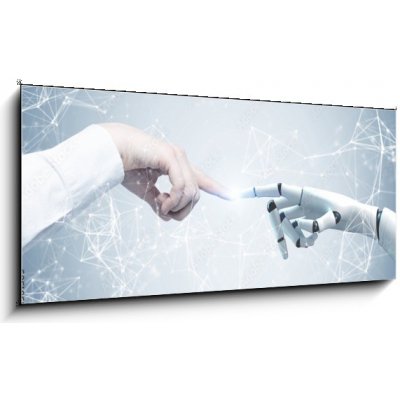 Obraz 1D panorama - 120 x 50 cm - Human and robot hands reaching out, network Lidské a robotické ruce natahující ruku, síť – Hledejceny.cz