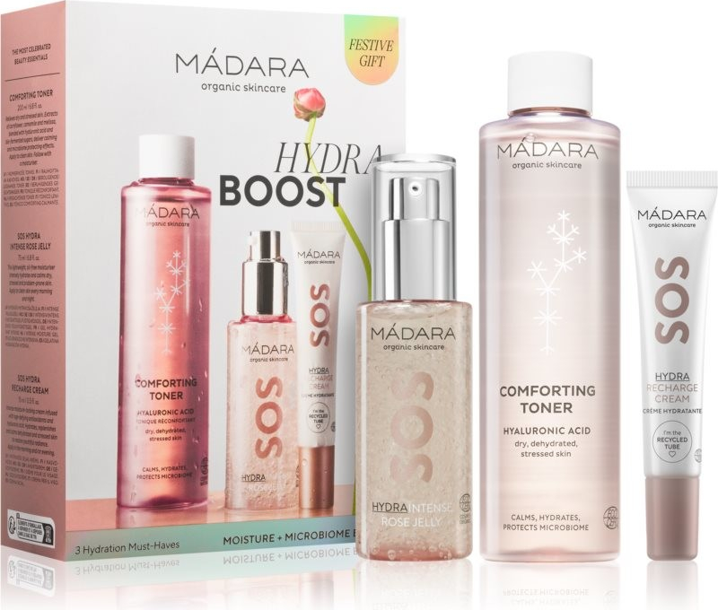 Mádara HYDRA BOOST hydratační gel s růžovou vodou 75 ml + hydratační krém 15 ml + zklidňující tonikum 200 ml