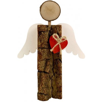 AMADEA Dřevěný anděl s kůrou s bílými křídly a čeveným srdcem masivní dřevo 16x14,5x3 cm